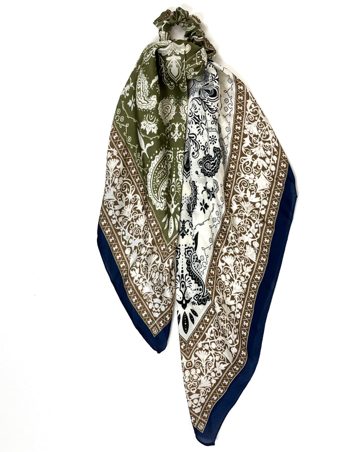 Army Green, Brown, Navy Blue and White Bandana Pattern Multi Wear Scarf