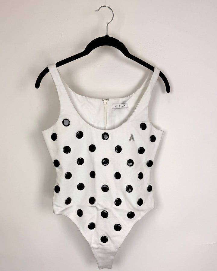Polka Dot White Body Suit- Size 2/4