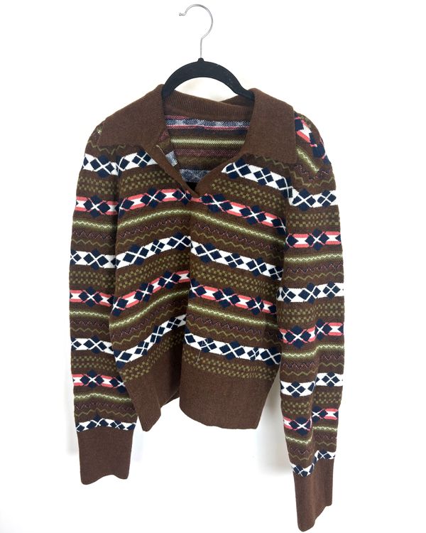 Brown Rustic V Neck Collared Sweater - Size 6/8