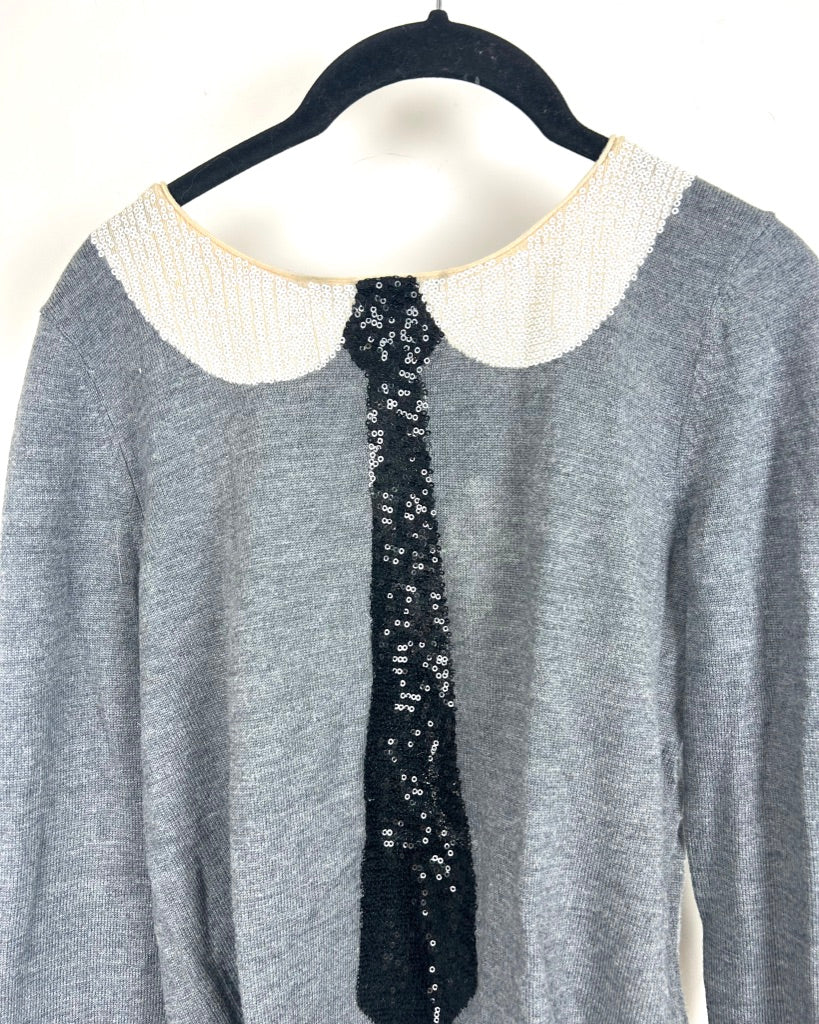 alice & olivia Grey Sequin Faux Tie Sweater - Small