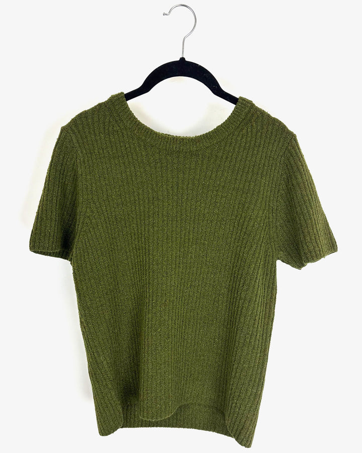 Olive Green Ribbed Knit Sweater T Shirt - Size 8/10