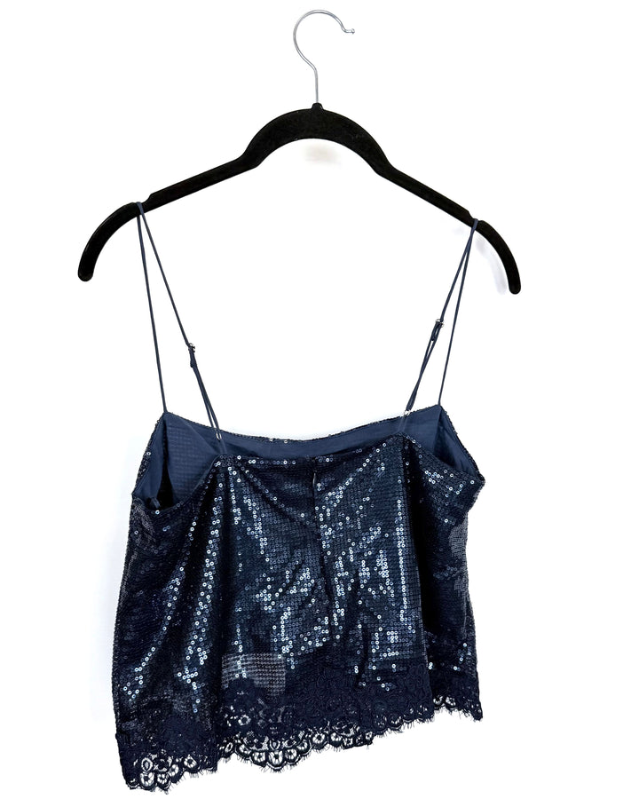 Navy Blue Sparkly Lace Trim Top - Size 2/4