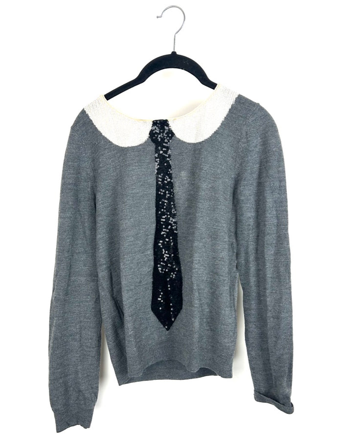 alice & olivia Grey Sequin Faux Tie Sweater - Small