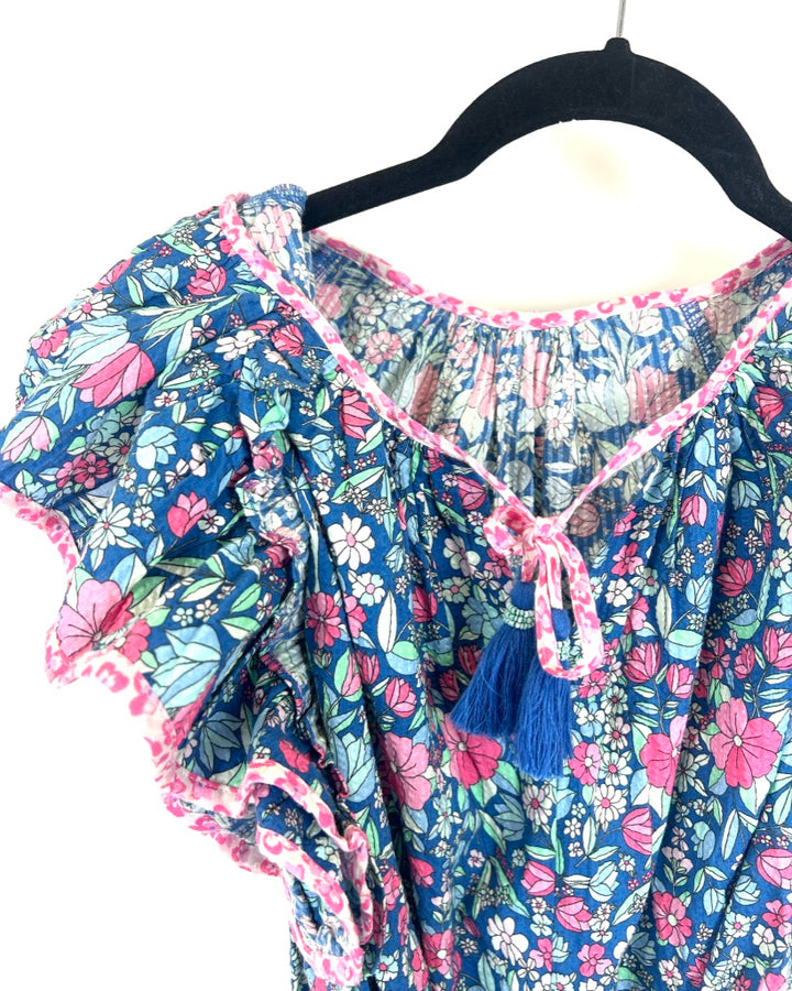 Blue And Pink Floral Short Sleeve Dress - Size 4