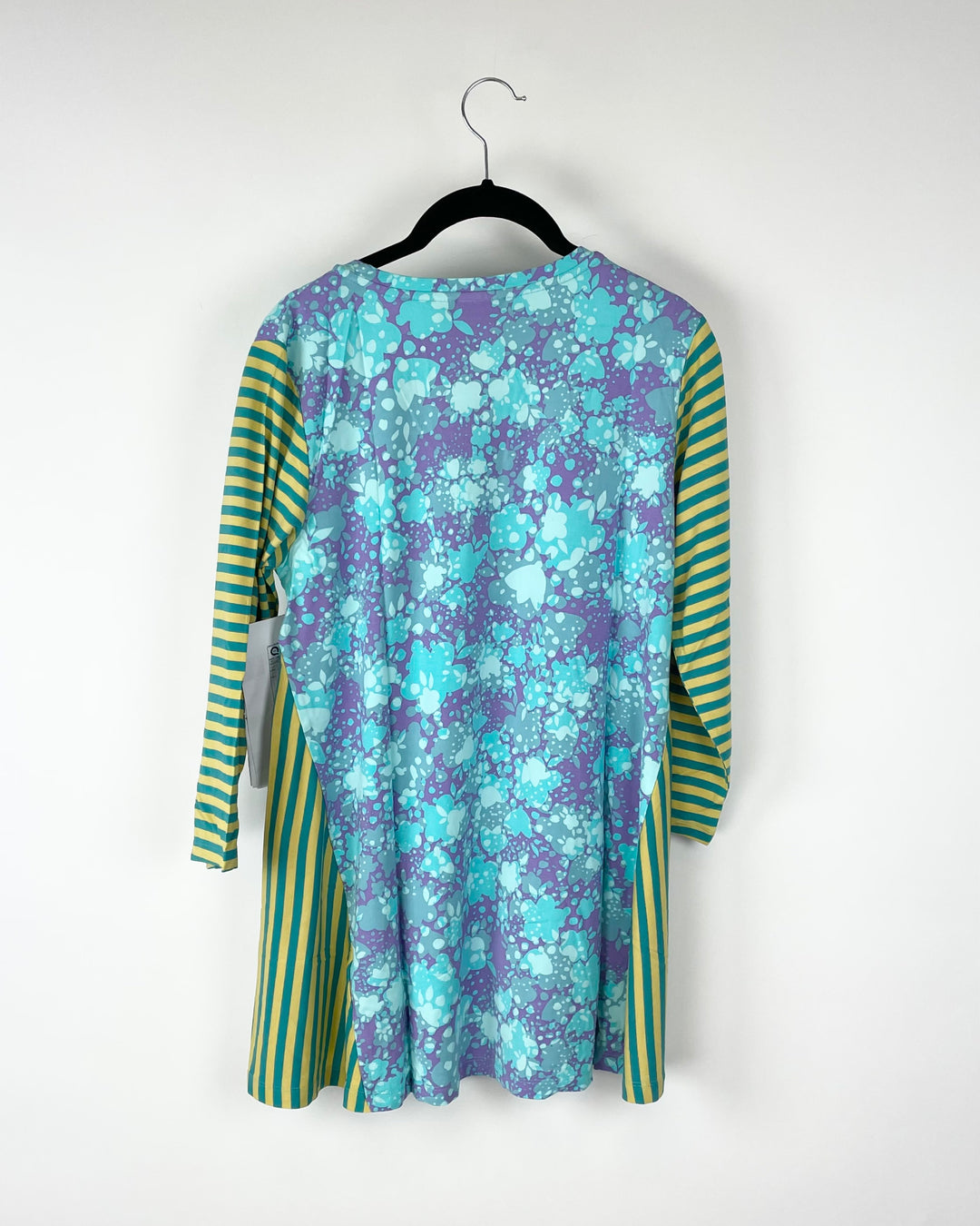Blue Floral Top With Striped Sleeves - Small