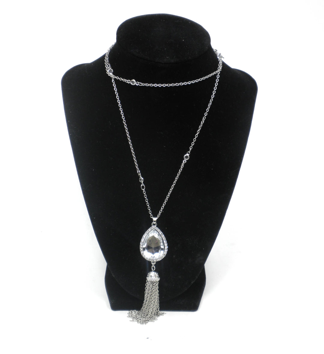 Silver Necklace With Raindrop Gem & Tassel - The Fashion Foundation