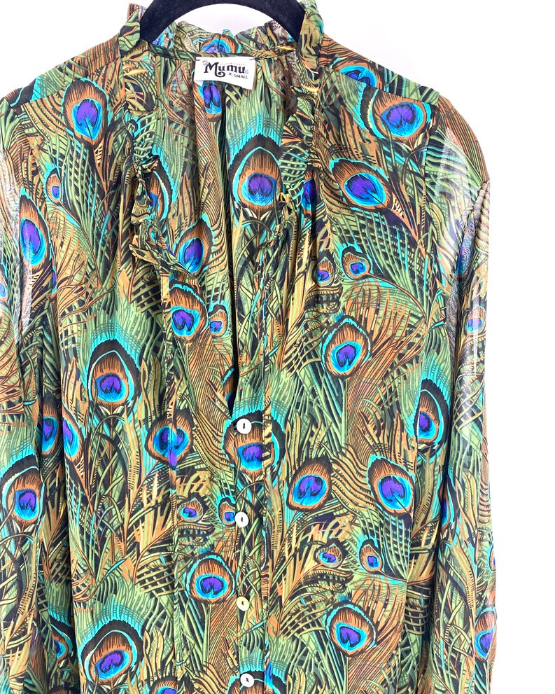 Peacock Printed Long Sleeve Blouse - Extra Small