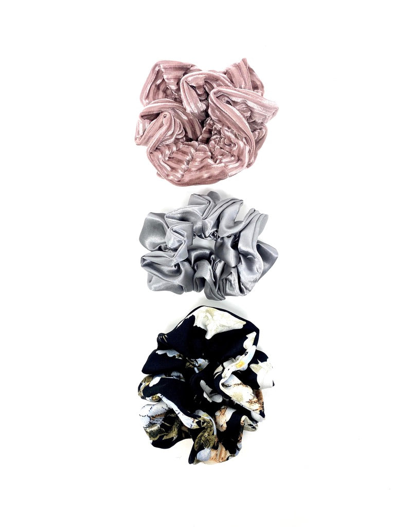 Silver Black Floral And Pink Velour Scrunchie Set