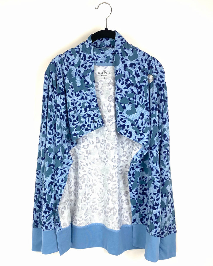 Blue Leopard Print Long Sleeve Cardigan - Small