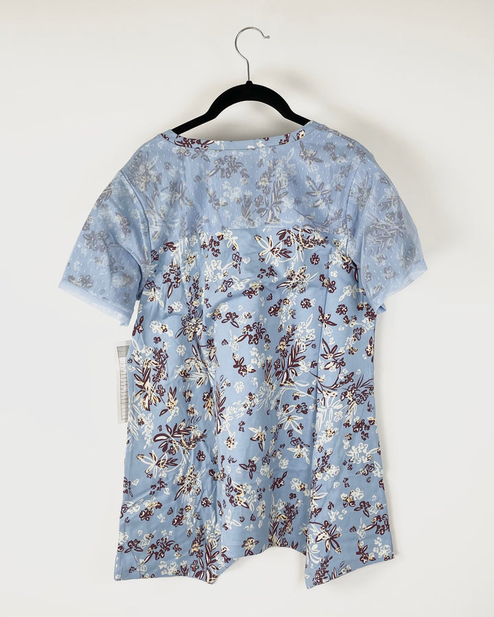 Blue Floral T-Shirt With Lace Sleeves - Size 6-8