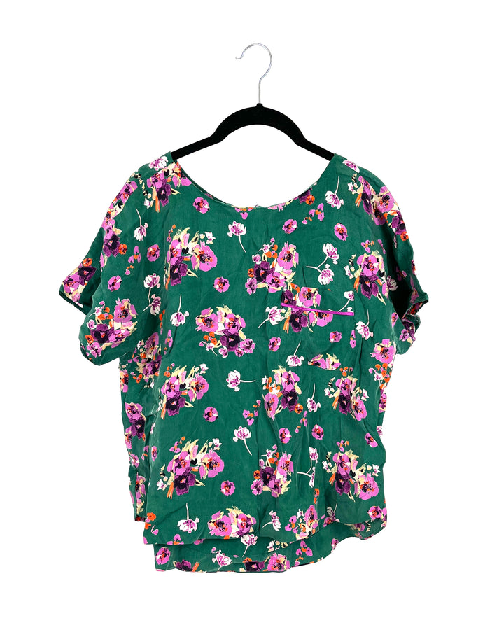 Green Floral Short Sleeve Blouse - Size 6