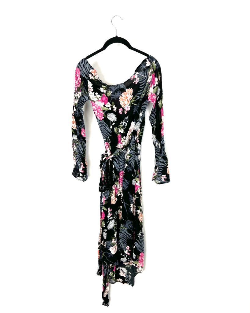 Black Floral Print Maxi Button Up Dress - Small and Medium