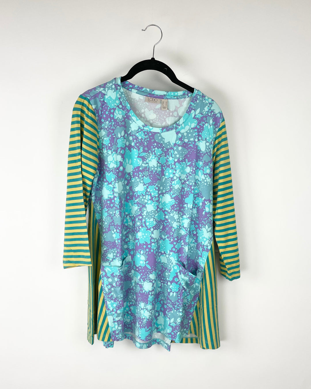 Blue Floral Top With Striped Sleeves - Small