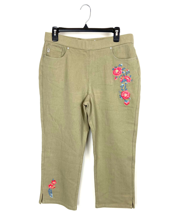 Beige Jeans with Floral Embroidery - Size 12/14
