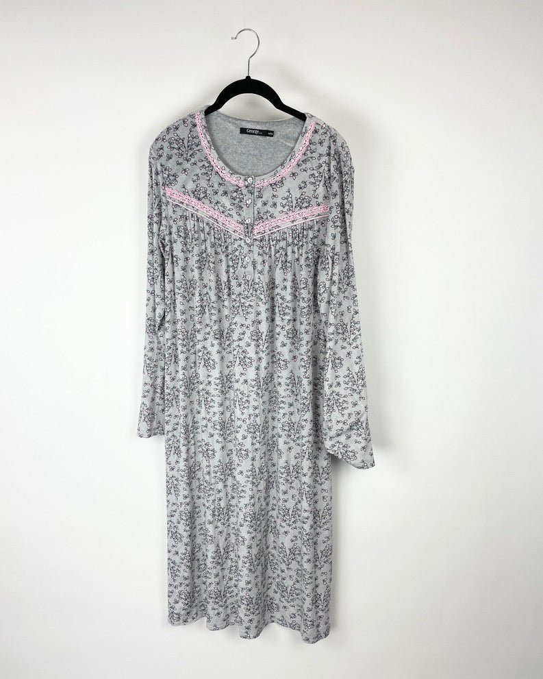 Heather Grey Leaf Printed Nightgown - Medium