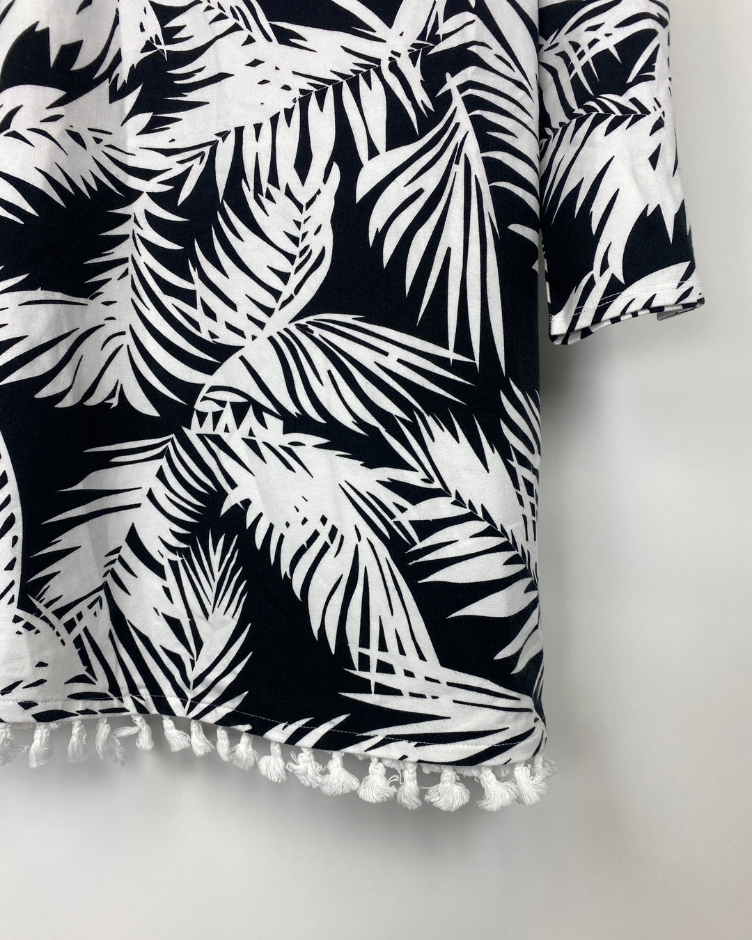 Black and White Tropical Printed Top with Tassels - Small/Medium