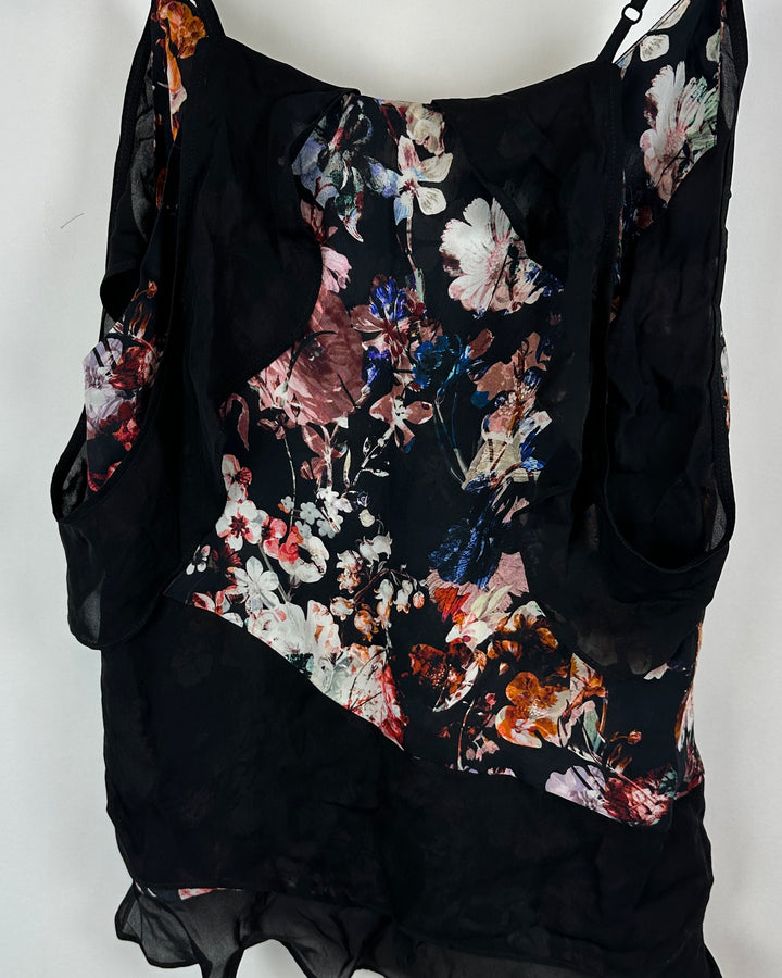 Black And Multicolor Floral Open Shoulder Sleeve Ruffled Blouse - Small