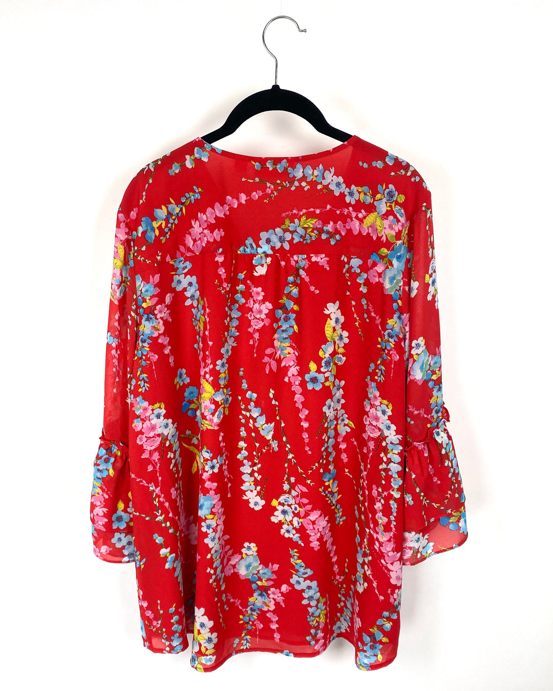 Red Button Up Floral Print Top - Large/Extra Large