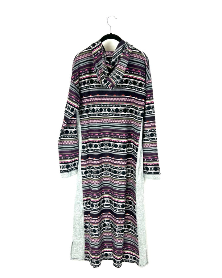 Abstract Multicolor Fleece Long Sleeve Dress With Hood - Small/Medium