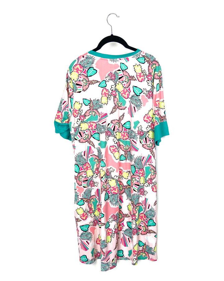 Pink and Green Tropical Print Dress - Small/Medium