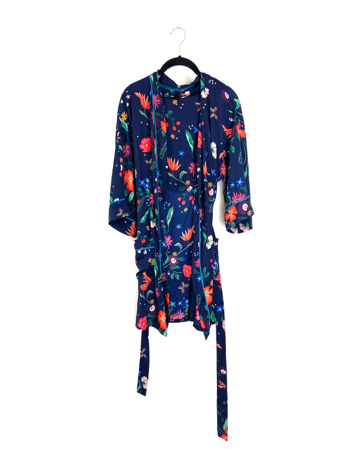 Navy Blue Floral Printed Robe - Small