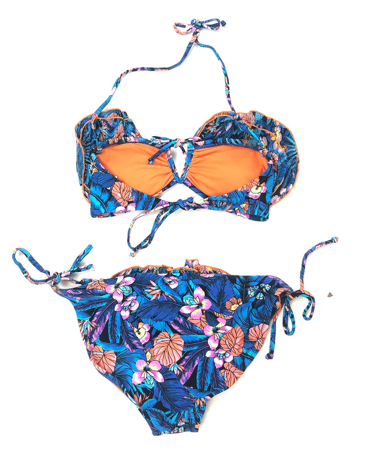 Beach Blue and Orange Floral Ruffle Bikini - Small