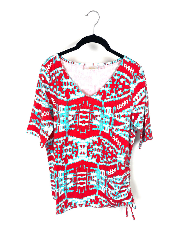 Red Blue And White Patterned Top - Small/Medium