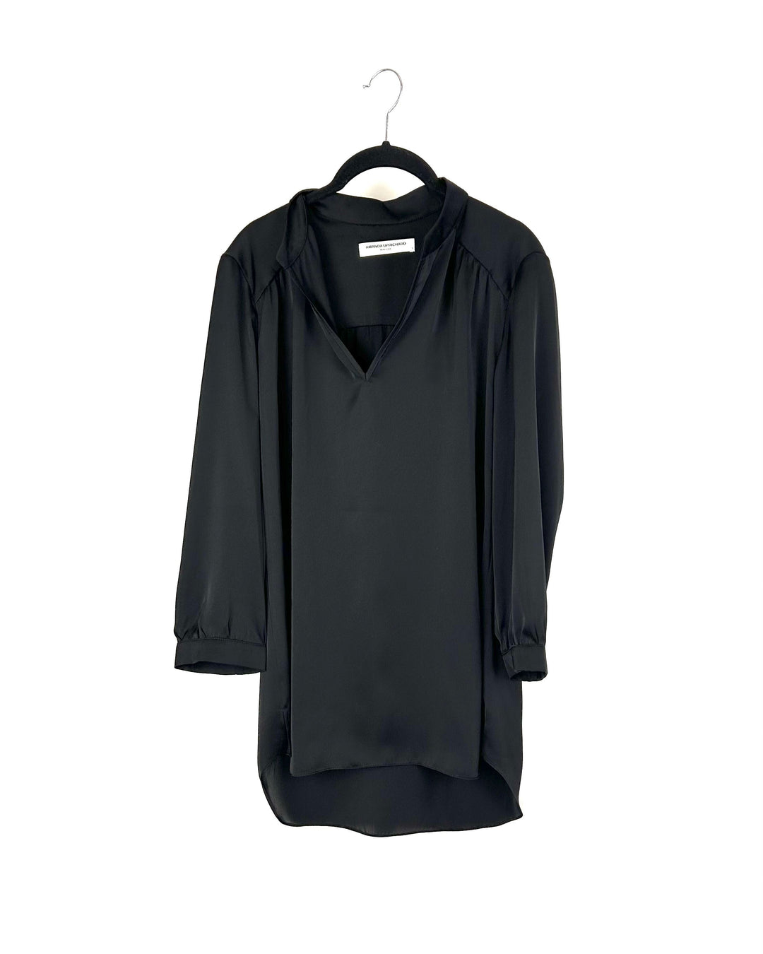 Long Sleeve Silky Black Tunic Blouse - Small