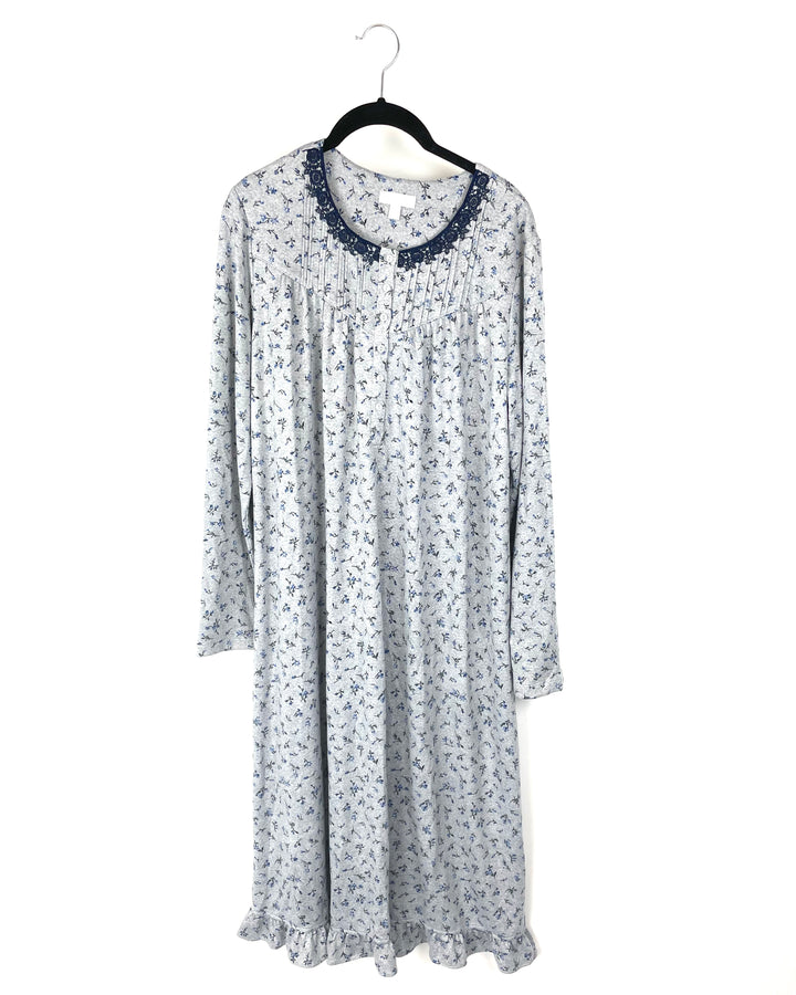 Heather Grey Nightgown With Blue Flowers - Medium