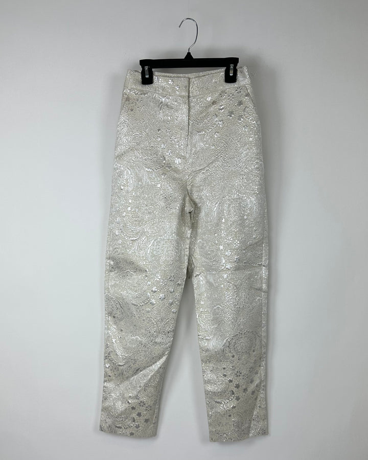 Cream Metallic High Waisted Jacquard Pants - Size 00, 0, 8, 10, 12