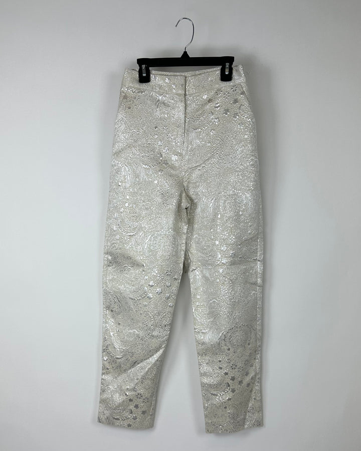 Cream Metallic High Waisted Jacquard Pants - Size 00 and 8