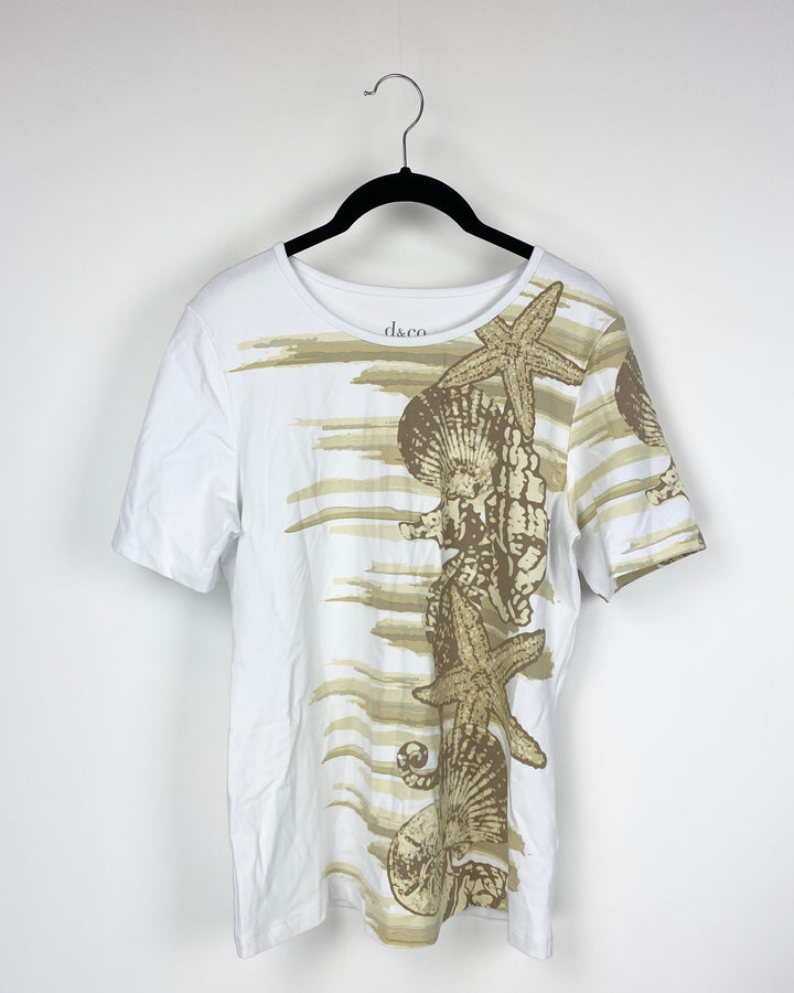 Gold and White Printed Short Sleeve Shirt - Size Small