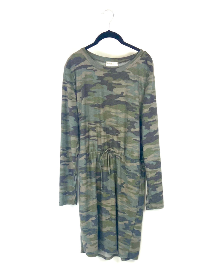 Camo Long Sleeve Waist Tie Dress- Medium