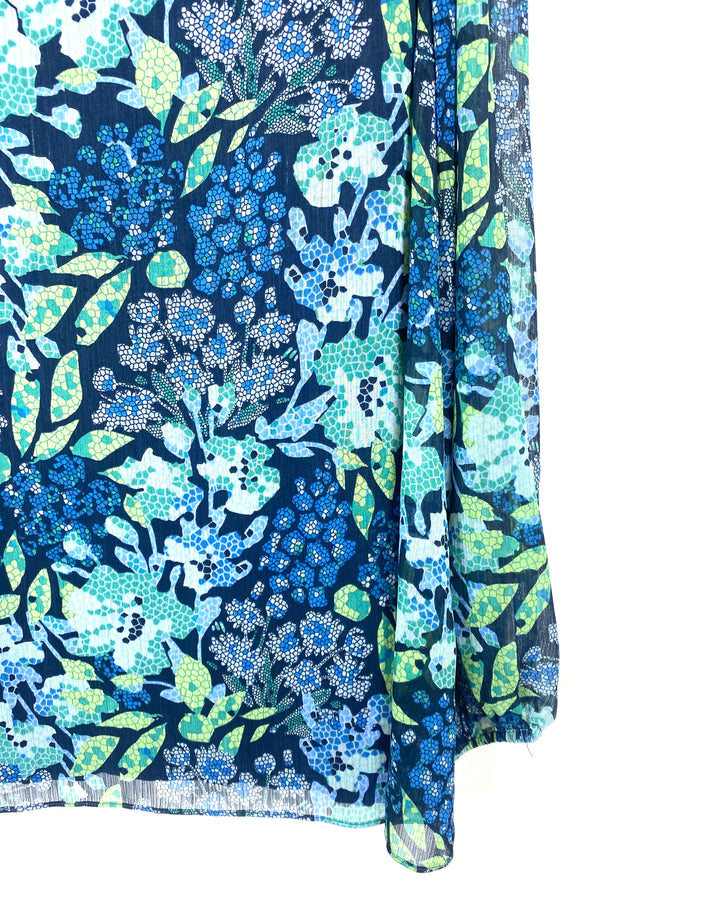 Blue and Green Geometric Printed Blouse - Large/Extra Large