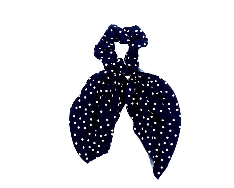 Navy And White Polka Dot Bow Scrunchie