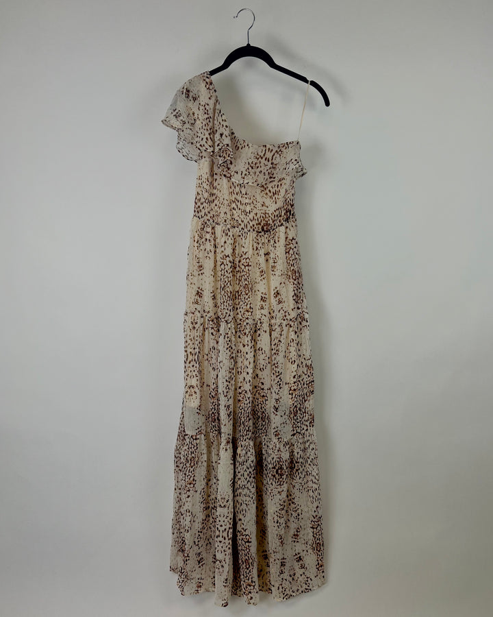 One Shoulder Cream Printed Maxi Dress - Size 000 - 18