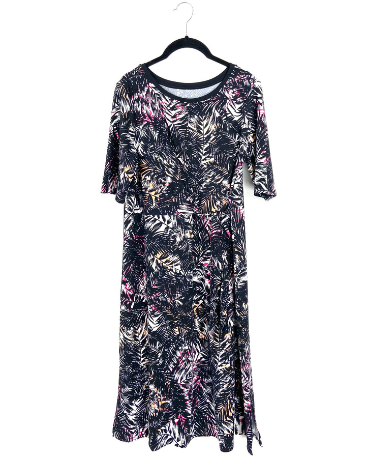 Leaf Printed Midi Dress With Tie - Small/Medium
