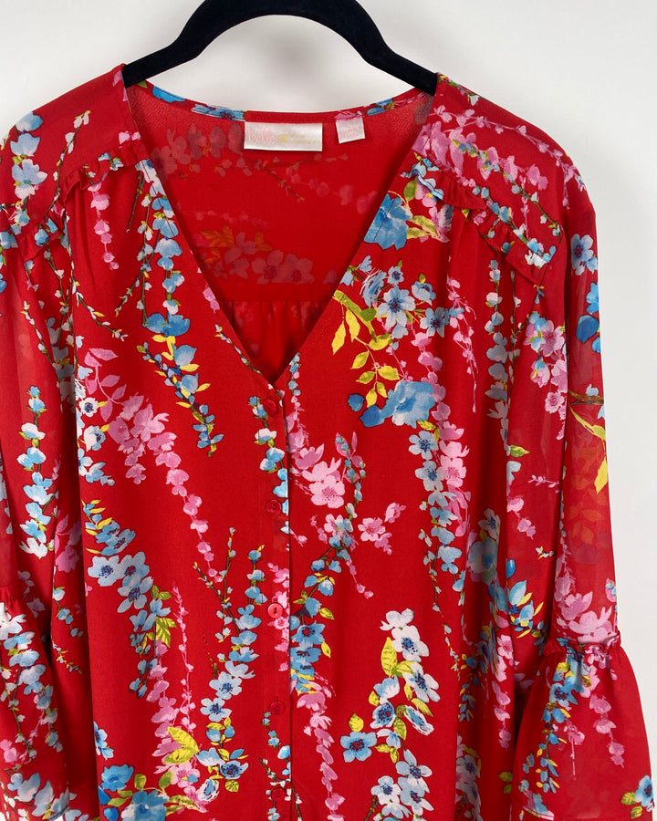 Red Button Up Floral Print Top - Large/Extra Large