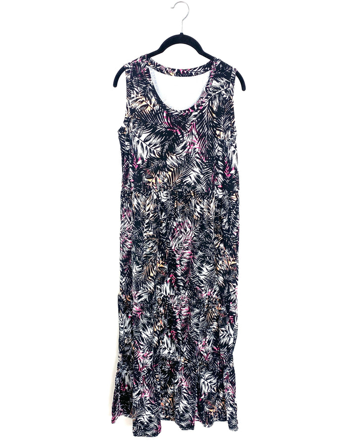 Black And Pink Tropical Scoop Neck Maxi Dress - Size 8/10