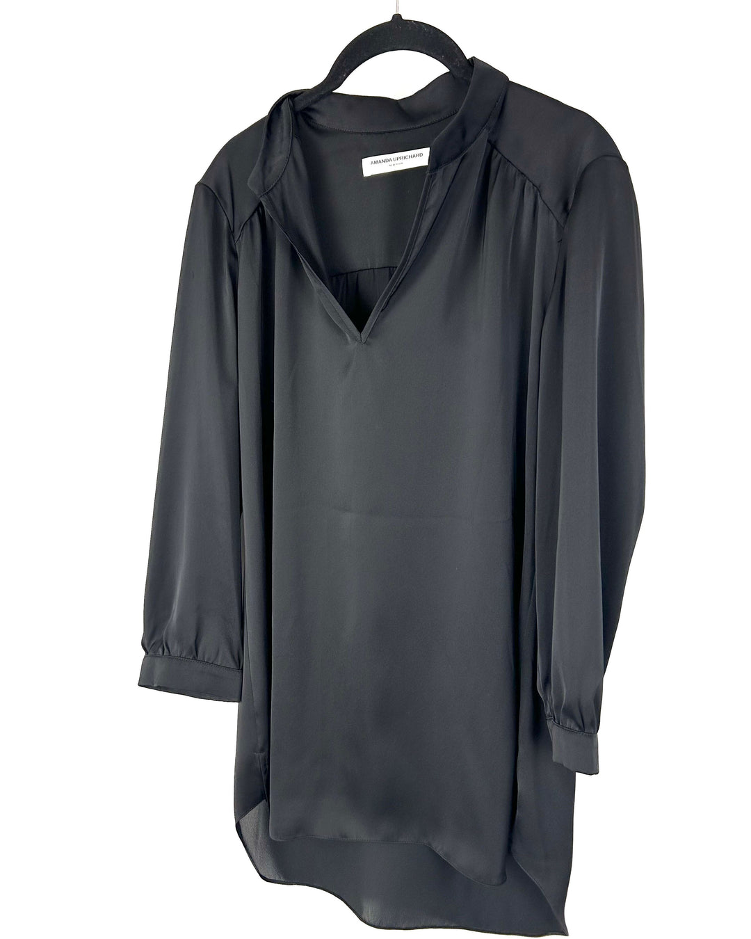 Long Sleeve Silky Black Tunic Blouse - Small