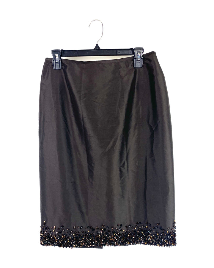 Dark Brown Fitted Skirt with Beaded Bottom - Size 8