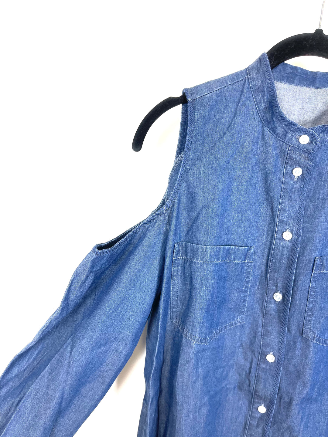 Denim Long Sleeve Button Down Top with Shoulder Cutouts - Small