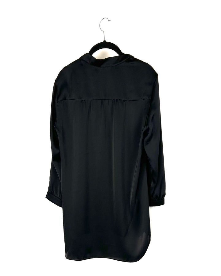 Long Sleeve Silky Black Tunic Blouse - Small