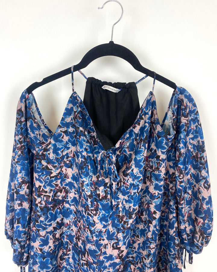 Blue Floral Patterned Cold Shoulder Top - Small