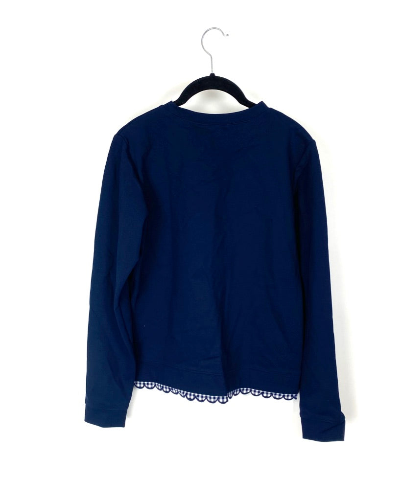 Navy Blue Long Sleeve Top with Gingham Trim - Small