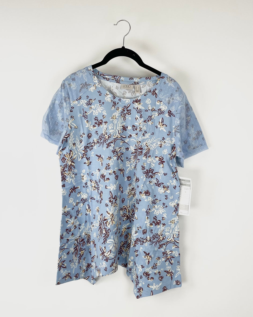 Blue Floral T-Shirt With Lace Sleeves - Size 6-8