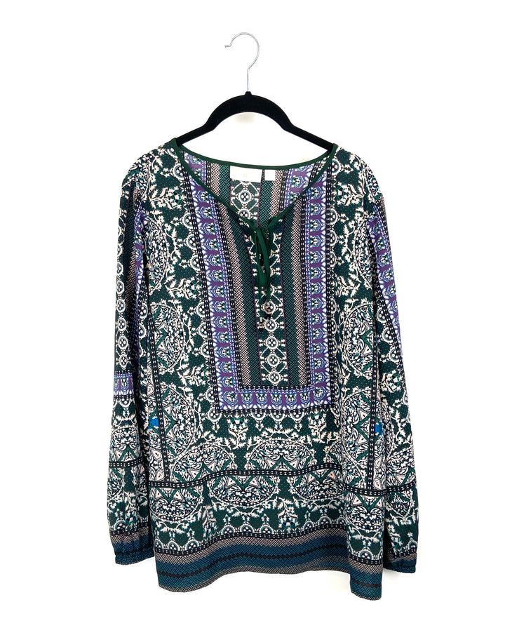 Abstract Printed Long Sleeve Top with Front Tie - Medium/Large