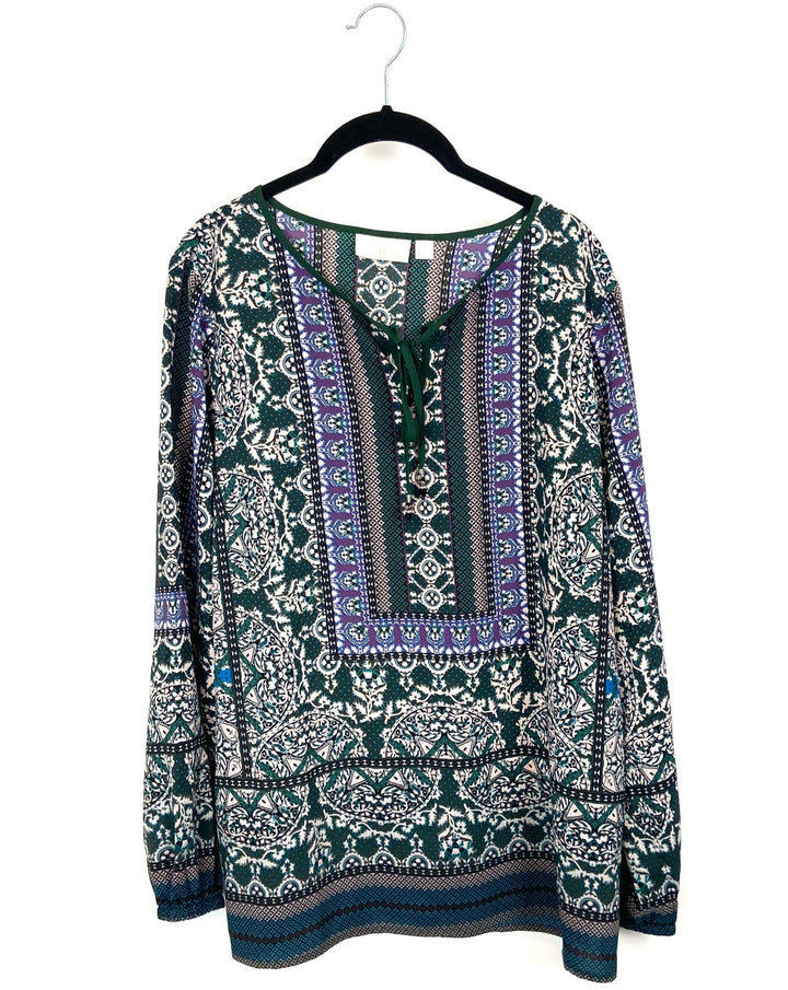 Abstract Printed Long Sleeve Top with Front Tie - Medium/Large