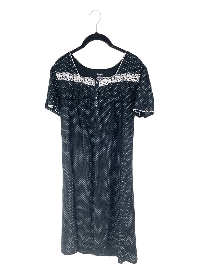 Short Sleeve Black Polka Dot Nightgown - Medium