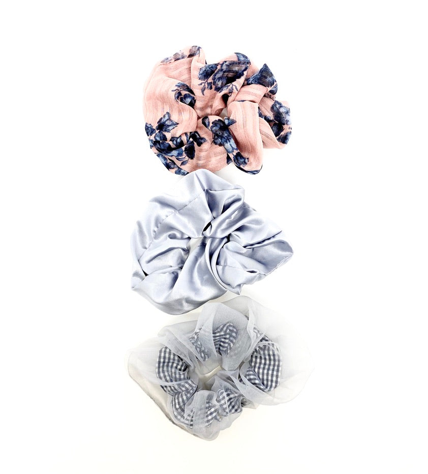 Silver, Pink Floral, And Checkered Chiffon Scrunchie Set